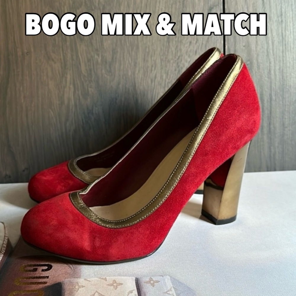 (BOGO) Cole Haan Red velvety with gold 3.5” heels size 6B
